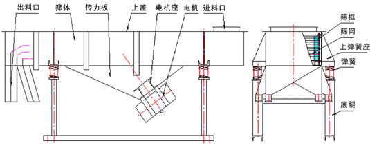 直線(xiàn)振動(dòng)篩內(nèi)部結(jié)構(gòu)：出料口，篩體，傳力板，上蓋，電機(jī)座，電機(jī)，進(jìn)料口，篩框，篩網(wǎng)，上彈簧座，彈簧，底腿。