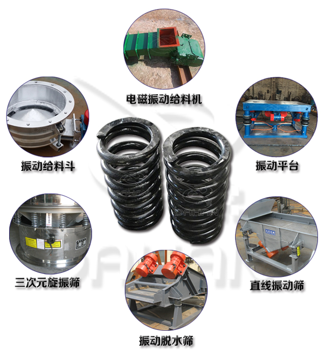 旋振篩減震彈簧適用產(chǎn)品：振動給料機(jī)，電磁振動給料機(jī)，振動平臺，直線振動篩，振動脫水篩，三次元旋振篩。