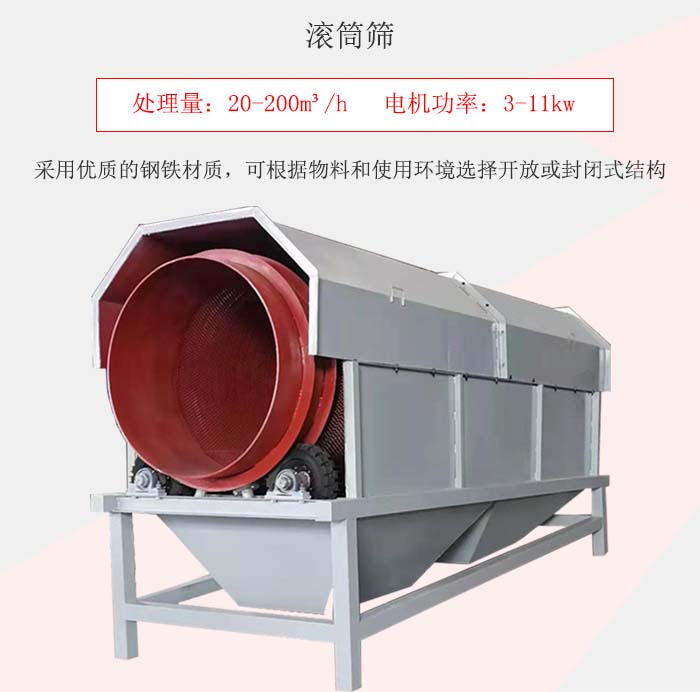 滾筒篩采用優(yōu)質的鋼鐵材質，可根據(jù)物料和使用環(huán)境選擇開放或封閉式結構