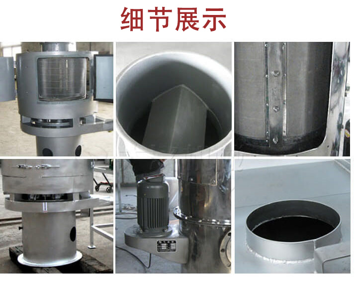 氣流篩主要結構展示：篩網，底座，電機，進料口展示。