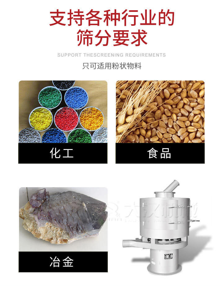 氣流篩用于礦粉，石墨粉，活性納米碳酸鈣，鋁灰，大豆粉，碳酸重鈣，石墨粉，木粉，干草，重金石粉，藥粉末，橡膠顆粒，草酸鹽，干料粉，木粉，聚酯粉，干粉，塑料，金屬粉末，橡膠粉，粉煤灰，石墨粉，陶瓷粉，鋅粉，石英粉，石灰粉，鐵粉，金屬硅粉等。