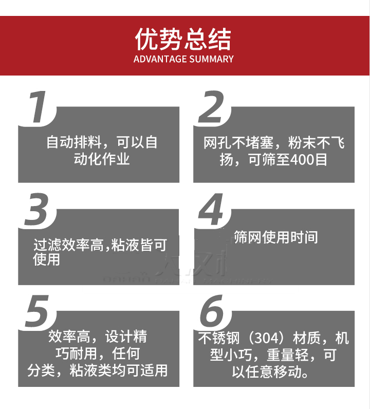 過濾篩優(yōu)勢總結(jié)：1，自動排料，可以自動化作用。2，網(wǎng)孔不堵塞，粉塵不飛揚(yáng)，可篩至400目。3，過濾效率高，任何粒，粉，粘液也可使用。4，篩網(wǎng)設(shè)計大大提高了篩網(wǎng)使用時間，也魏換網(wǎng)提高了方便。5，效率高，設(shè)計精巧耐用，任何分類設(shè)計精巧耐用，任何分類，粘液類均可適用。6，不銹鋼材質(zhì)機(jī)型小巧，重量輕，可以任意移動。