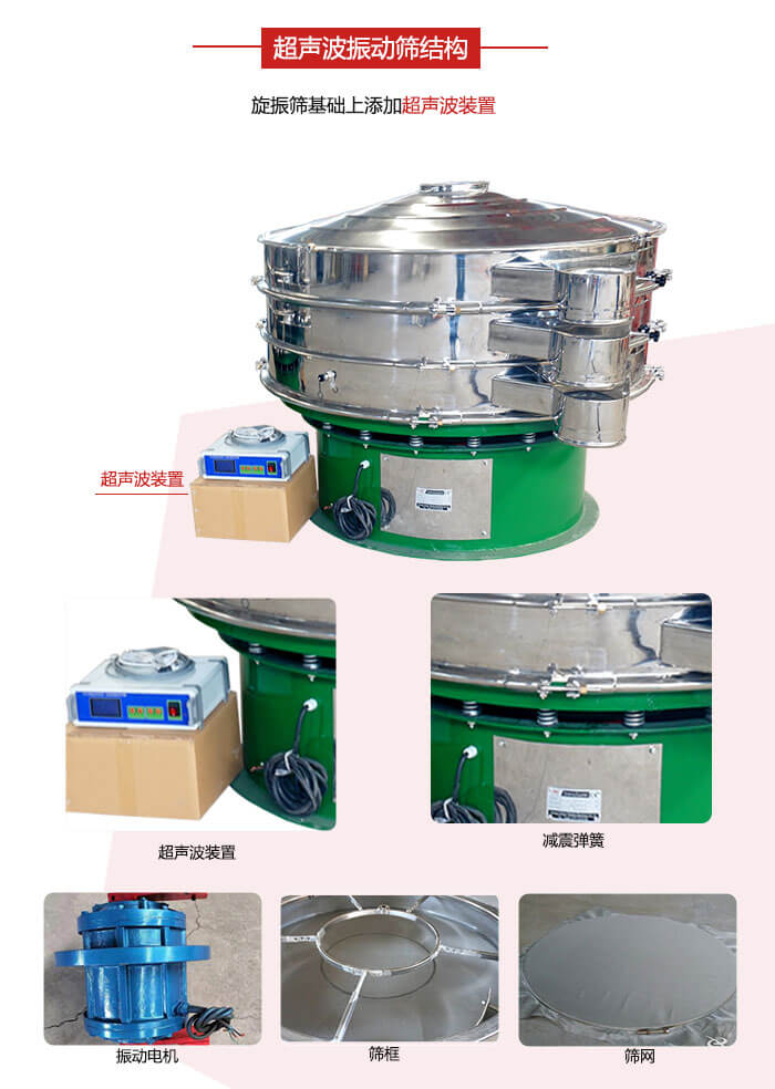 圓篩機(jī)內(nèi)部結(jié)構(gòu)：主要由振動(dòng)電機(jī)、篩框、篩網(wǎng)、超聲波系統(tǒng)、減震彈簧等展示圖