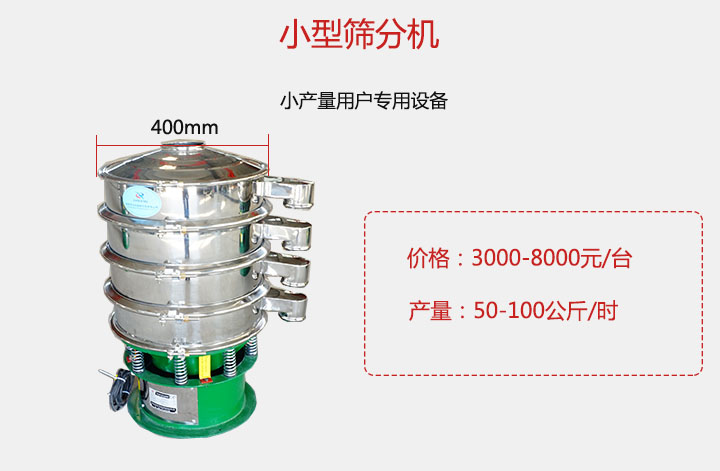 小型篩分機產(chǎn)量可達100公斤/時，價格3000元起。