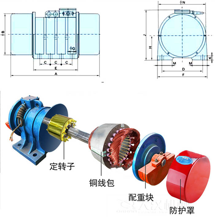 ZFB倉壁振動器外形尺寸字母代表：A為整機(jī)長度F為整機(jī)寬度B為主機(jī)寬度等。結(jié)構(gòu)：定轉(zhuǎn)子，銅線包，配重塊，防護(hù)罩等。