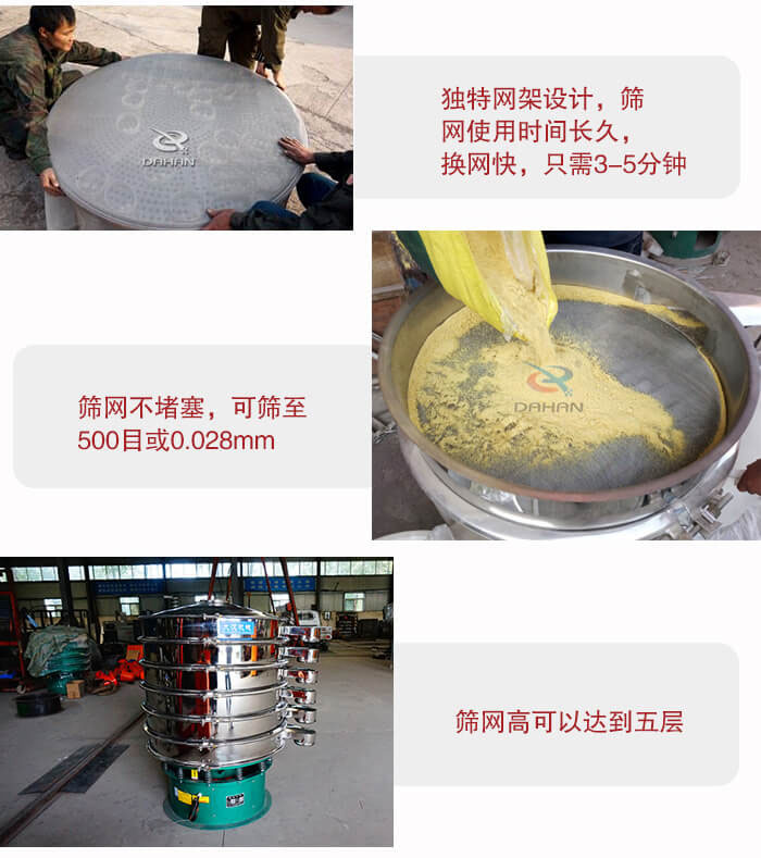 三次元振動(dòng)篩的特點(diǎn)：篩網(wǎng)使用時(shí)間長換讓時(shí)間短，篩網(wǎng)不堵塞，可篩至500目或0.028mm。
