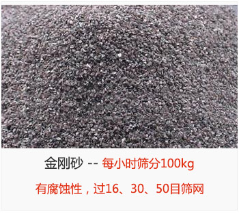 篩分金剛砂每小時(shí)100kg，有腐蝕性，過16、30、50目篩網(wǎng)