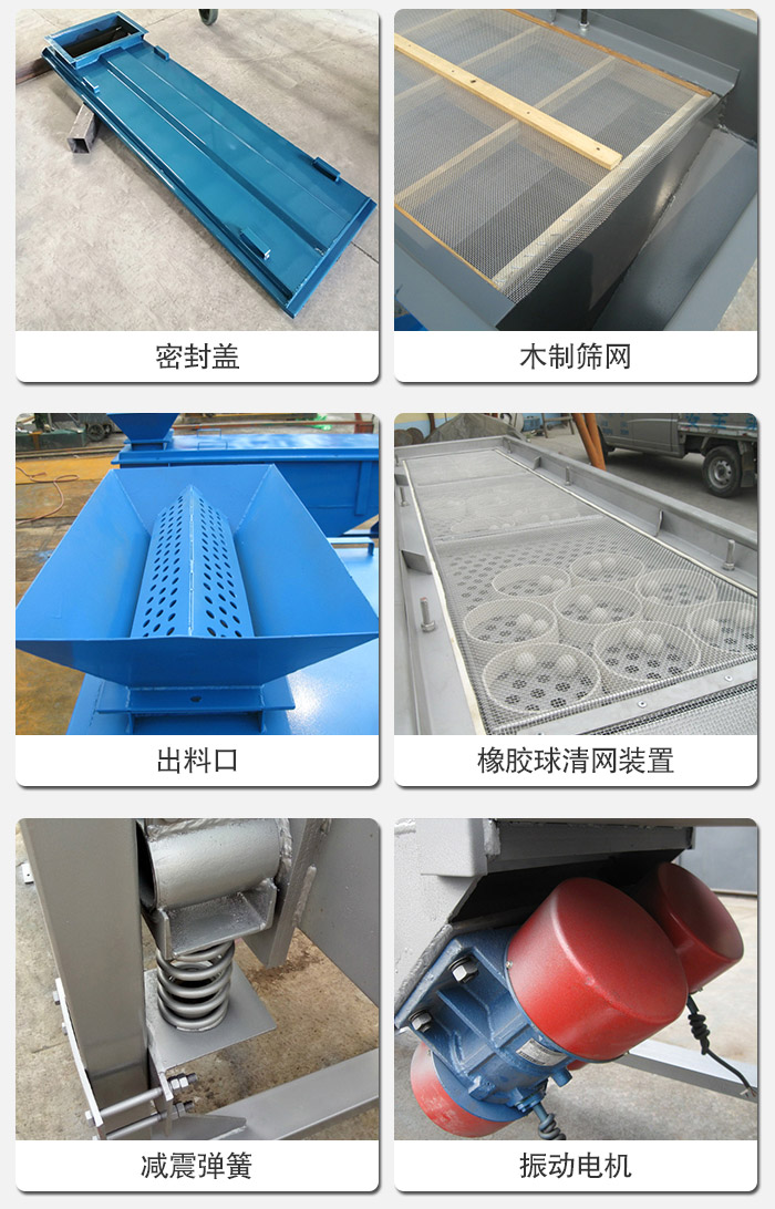 直線篩分機(jī)的結(jié)構(gòu)展示圖：篩箱是物料主要篩分設(shè)備之一，篩網(wǎng)用于篩分物料，振動電機(jī)幫助篩網(wǎng)篩分。
