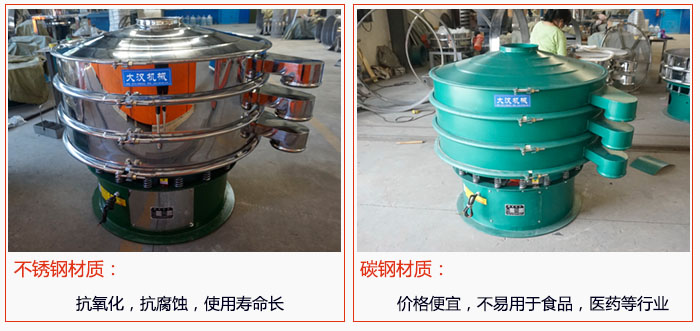 800型振動篩有不銹鋼和碳鋼兩種材質(zhì)，不銹鋼材質(zhì)：抗氧化，抗腐蝕，使用壽命長 碳鋼材質(zhì)：價格便宜，不易篩分食品，化工，醫(yī)藥等行業(yè)的物料。