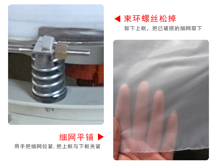 換網(wǎng)步驟：先松開束環(huán)，把新的細網(wǎng)平鋪在網(wǎng)架上繃緊