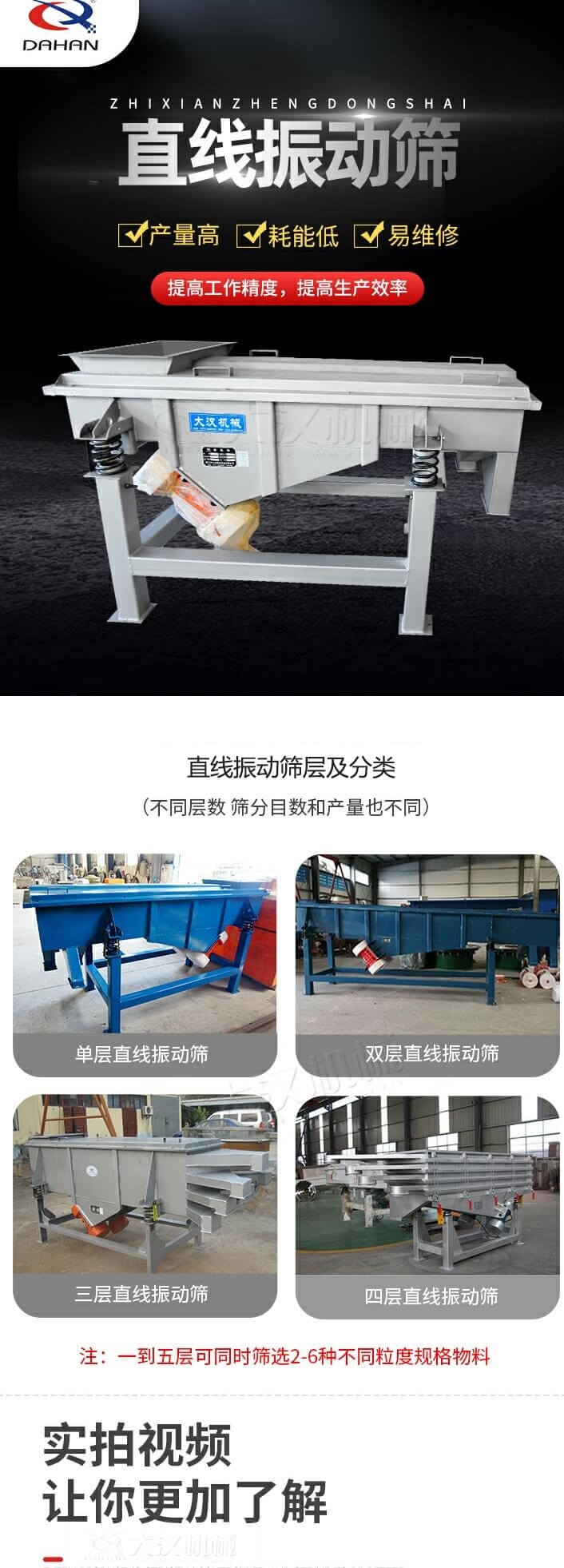 直線振動(dòng)篩概述，產(chǎn)量高，耗能低，易維修，提高工作精度，提高生產(chǎn)效率，直線振動(dòng)篩層級(jí)分類：不同層數(shù)，篩分目數(shù)和產(chǎn)量也不同：單層，雙層，三層，四層等。