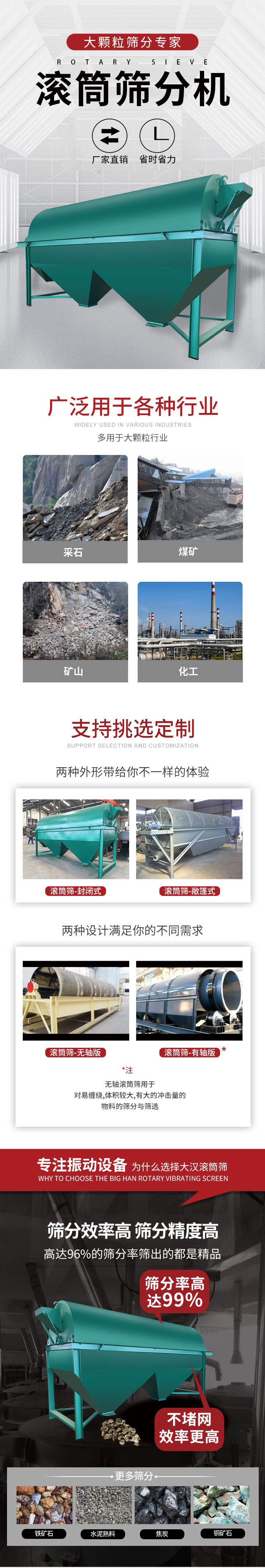 滾筒篩分機(jī)大顆粒篩分專家：廠家直銷(xiāo)，省時(shí)省力。滾筒篩被廣泛應(yīng)用各種行業(yè)：多用于大顆粒行業(yè)例如：采石，煤礦，礦山，化工等。滾筒篩定制類型有哪些：封閉式與敞篷式產(chǎn)品結(jié)構(gòu)分為：無(wú)軸式，有軸式兩種，無(wú)軸滾筒篩用于對(duì)纏繞，體積較大，有大的沖擊量的物料的篩分與篩選。滾筒篩篩分效率高篩分精度能夠達(dá)到：96%也比較適用于鐵礦石，水泥熟料，焦炭，銅礦石。滾筒篩特點(diǎn)：不飛粉末：密封隔離罩，密封性好，工作過(guò)程不會(huì)出現(xiàn)飛粉現(xiàn)象。外型尺寸是按筒體長(zhǎng)計(jì)