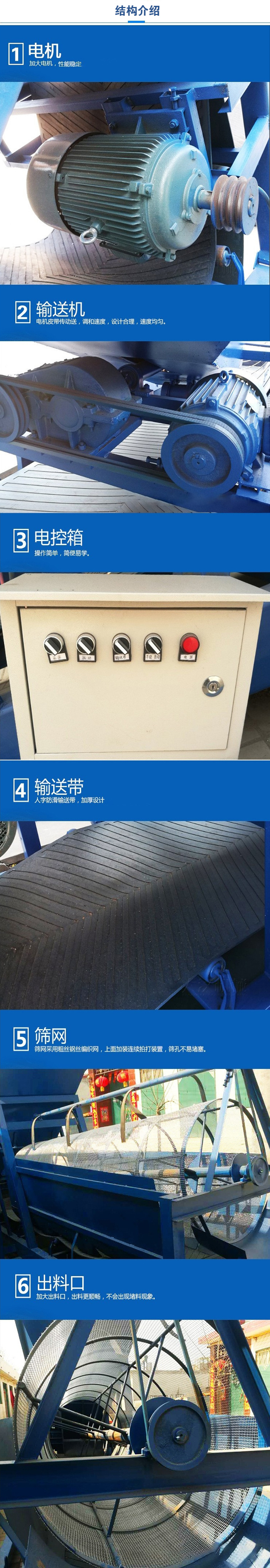 移動(dòng)篩沙機(jī)結(jié)構(gòu):電機(jī)，加大電機(jī)，性能相對(duì)比較穩(wěn)定。輸送機(jī)：電機(jī)皮帶傳動(dòng)送，調(diào)和速度，設(shè)計(jì)合理，速度均勻。電控箱：操作簡(jiǎn)單，簡(jiǎn)便易學(xué)。輸送帶：人字防滑輸送帶，加厚設(shè)計(jì)。篩網(wǎng)，采用粗絲鋼絲編織而成的篩網(wǎng)，上面加裝連續(xù)拍打裝置，篩孔不易堵塞。出料口：加大出料口，出料更順暢，不會(huì)出現(xiàn)堵料現(xiàn)象。