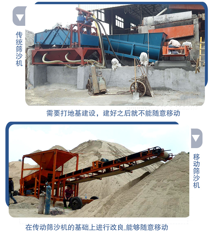 移動(dòng)的篩沙機(jī)在安裝前需要打地基，而固定完畢后就不能隨意的移動(dòng)，而移動(dòng)篩沙機(jī)不需要打地并且隨時(shí)能夠進(jìn)行移動(dòng)。