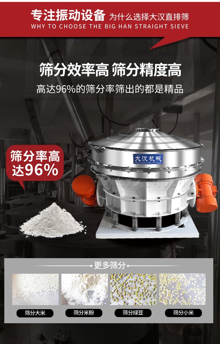 直排篩適用物料有面粉，淀粉，洗衣粉，金屬粉，添加劑，化工，非礦等行業(yè)。