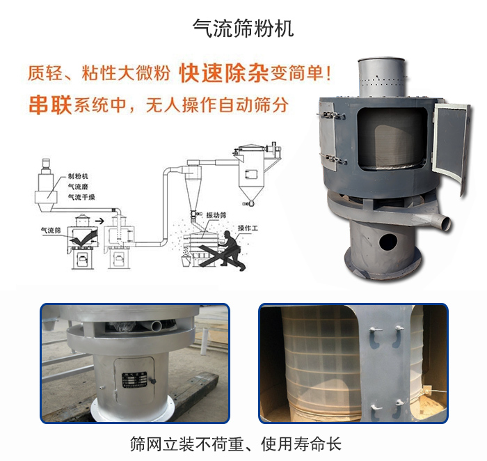 氣流篩粉機(jī)適用：質(zhì)輕，粘性大微粉采用串聯(lián)系統(tǒng)重，無人操作自動篩分 特點(diǎn)：篩網(wǎng)立裝不負(fù)重，使用壽命長。