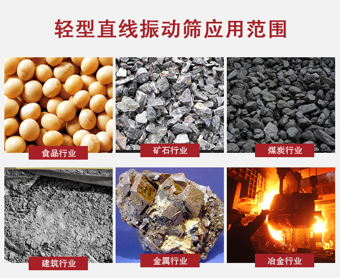 輕型直線振動篩應用范圍較廣多使用與顆粒狀，粉狀以及其它重型行業(yè)的輸送。