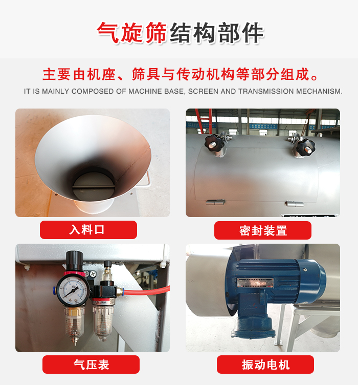 氣旋篩結(jié)構(gòu)：入料口，密封裝置，電機，氣壓表等
