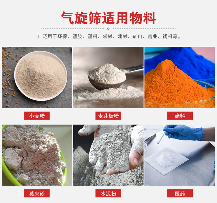 氣旋篩適用物料：小麥粉，麥芽糖粉，涂料，等粉狀物料。