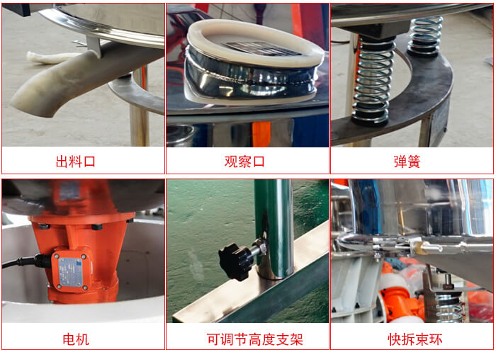 高頻篩細節(jié)展示：出料口，觀察口，彈簧，電機，可調節(jié)高度支架，快拆束環(huán)。